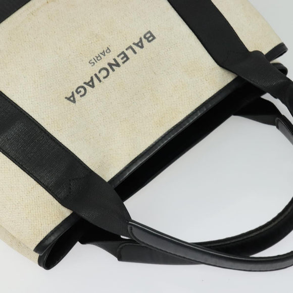 BALENCIAGA Navy Kabas Hand Bag Canvas Ivory Silver Auth 132455