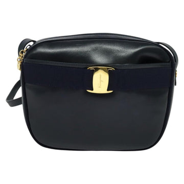 Salvatore Ferragamo Vala Shoulder Bag Leather Navy Gold Auth 132480 - 0