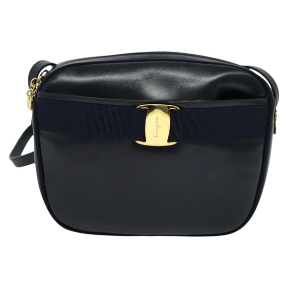 Salvatore Ferragamo Vala Shoulder Bag Leather Navy Gold Auth 132480