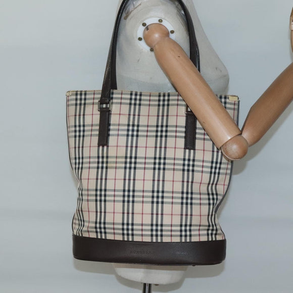 BURBERRY Nova Check Tote Bag Canvas Beige Silver Auth 132506