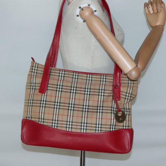 BURBERRY Nova Check Tote Bag Canvas Beige Red gold Auth 132521