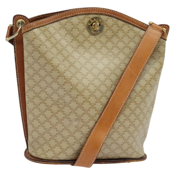 CELINE Macadam Canvas Shoulder Bag PVC Beige Gold Auth 132542