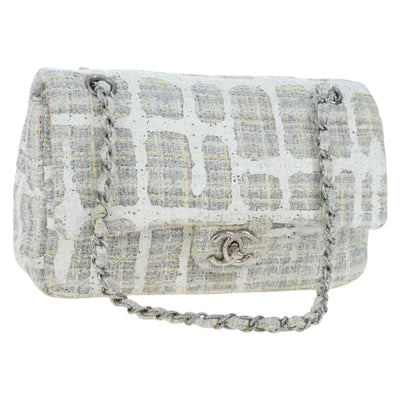 CHANEL Chain Shoulder Bag Tweed White Silver CC Auth 132564A