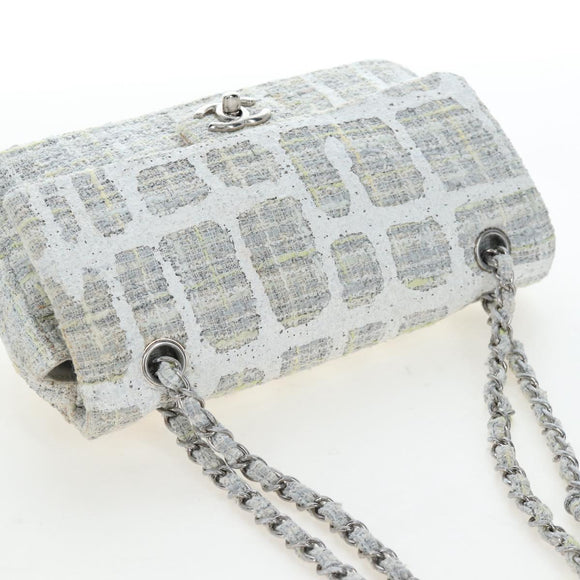 CHANEL Chain Shoulder Bag Tweed White Silver CC Auth 132564A