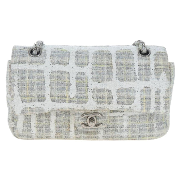 CHANEL Chain Shoulder Bag Tweed White Silver CC Auth 132564A