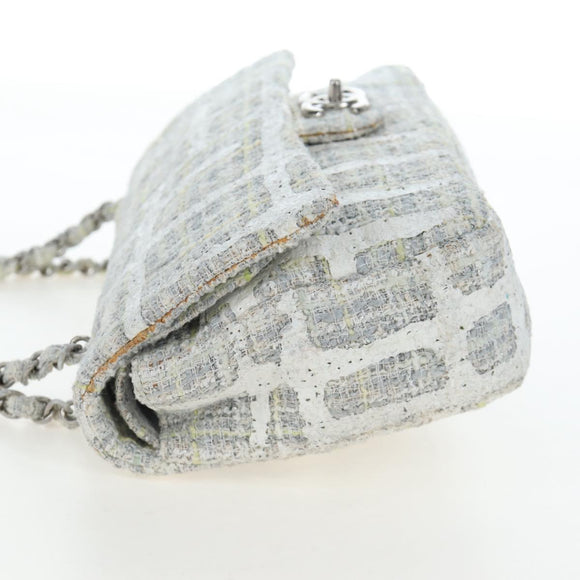 CHANEL Chain Shoulder Bag Tweed White Silver CC Auth 132564A