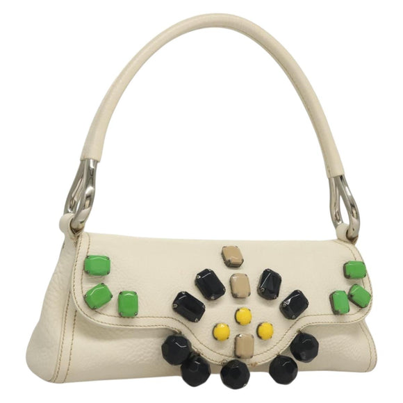 PRADA Shoulder Bag Leather White Silver Auth 132616V