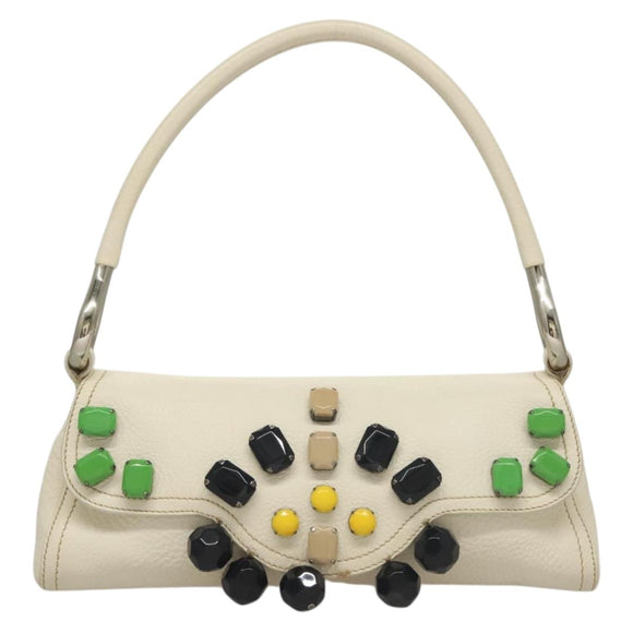 PRADA Shoulder Bag Leather White Silver Auth 132616V