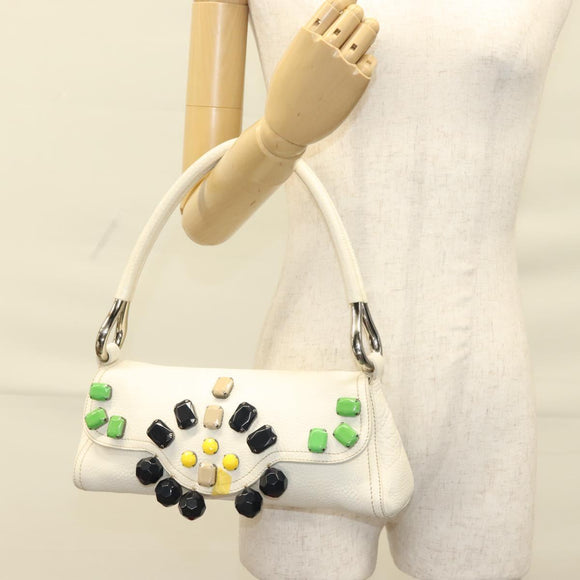 PRADA Shoulder Bag Leather White Silver Auth 132616V
