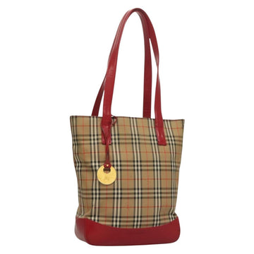 BURBERRY Nova Check Tote Bag Canvas Leather Beige Red gold Auth 132630
