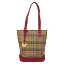 BURBERRY Nova Check Tote Bag Canvas Leather Beige Red gold Auth 132630-2