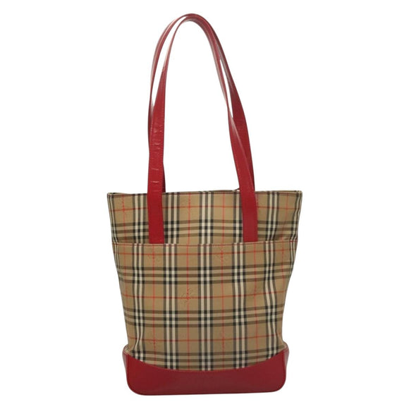 BURBERRY Nova Check Tote Bag Canvas Leather Beige Red gold Auth 132630
