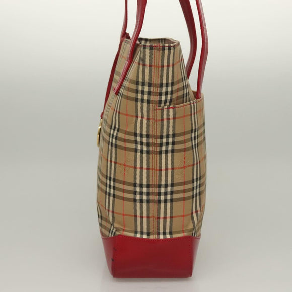 BURBERRY Nova Check Tote Bag Canvas Leather Beige Red gold Auth 132630