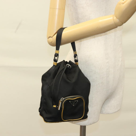 PRADA Hand Bag Nylon Black Gold Auth 132686V