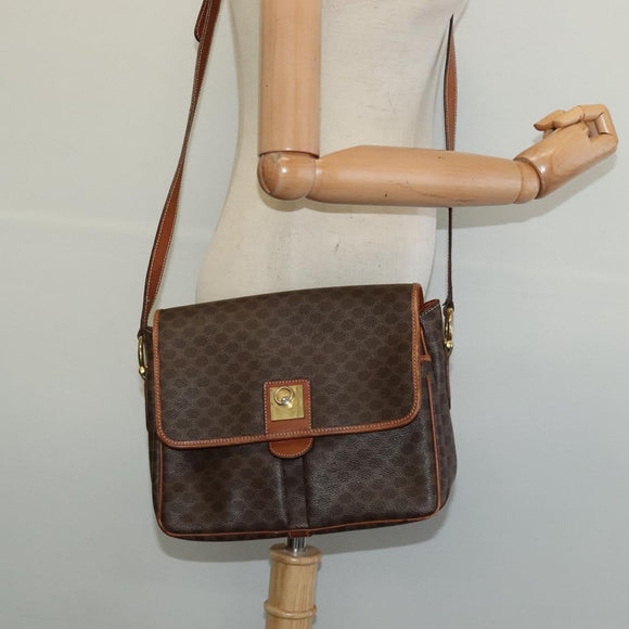 CELINE Macadam Canvas Shoulder Bag PVC Leather Brown Gold Auth 132689