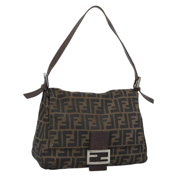 FENDI Zucca Canvas Mamma Baguette Shoulder Bag Black Brown Silver Auth 132708