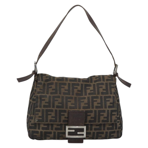 FENDI Zucca Canvas Mamma Baguette Shoulder Bag Black Brown Silver Auth 132708