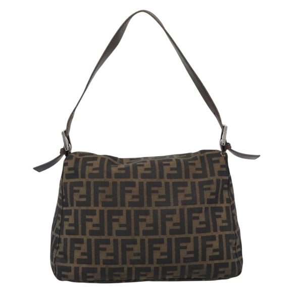FENDI Zucca Canvas Mamma Baguette Shoulder Bag Black Brown Silver Auth 132708