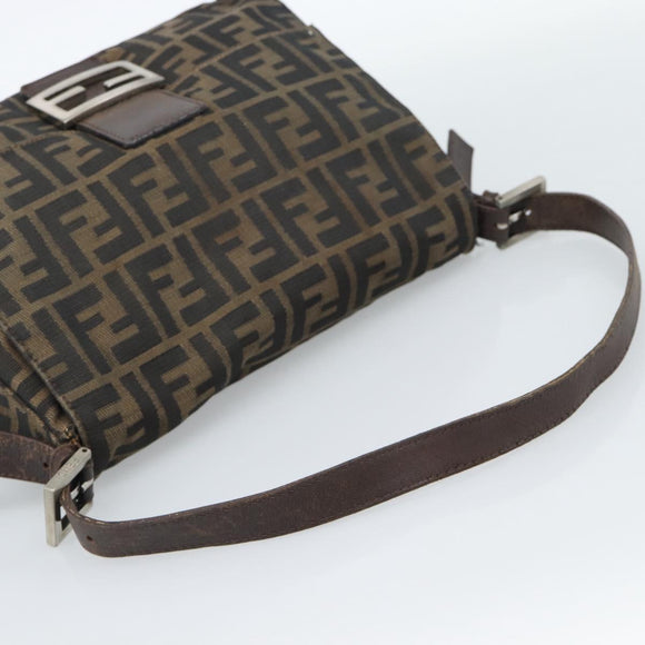 FENDI Zucca Canvas Mamma Baguette Shoulder Bag Black Brown Silver Auth 132708