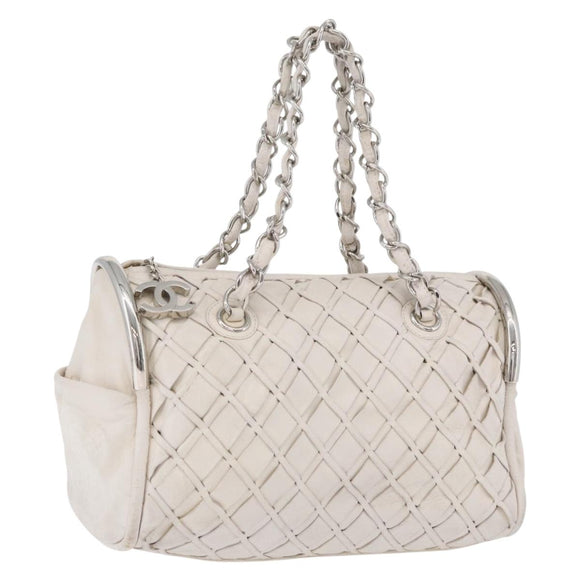 CHANEL Chain Hand Bag Leather White Silver CC Auth 132723