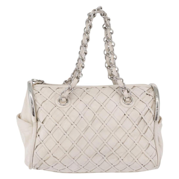 CHANEL Chain Hand Bag Leather White Silver CC Auth 132723