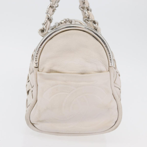 CHANEL Chain Hand Bag Leather White Silver CC Auth 132723