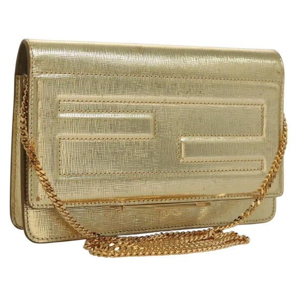 FENDI Chain Wallet Leather Gold Auth 132749