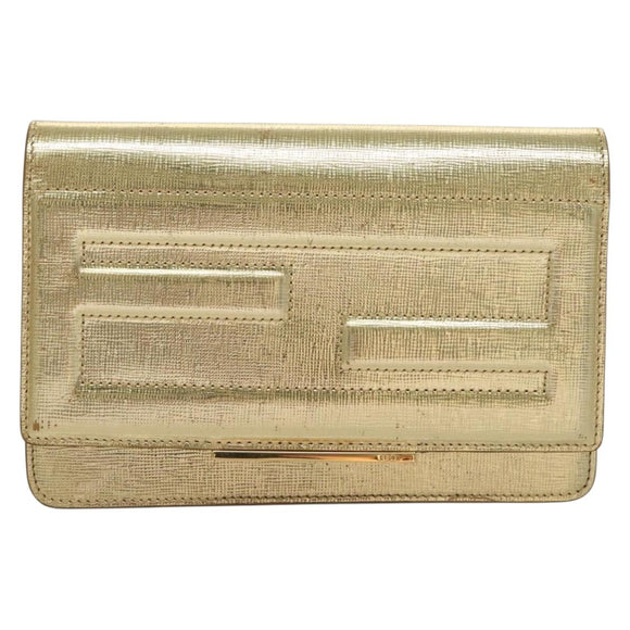 FENDI Chain Wallet Leather Gold Auth 132749