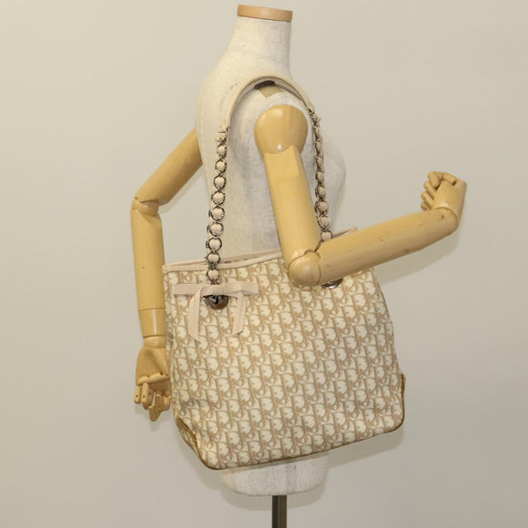 Christian Dior Trotter Canvas Romantic Chain Bag PVC Beige Silver Auth 132755