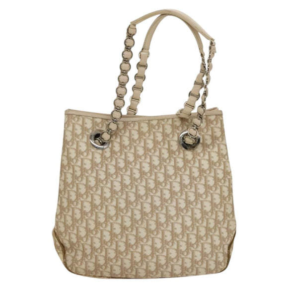 Christian Dior Trotter Canvas Romantic Chain Bag PVC Beige Silver Auth 132755