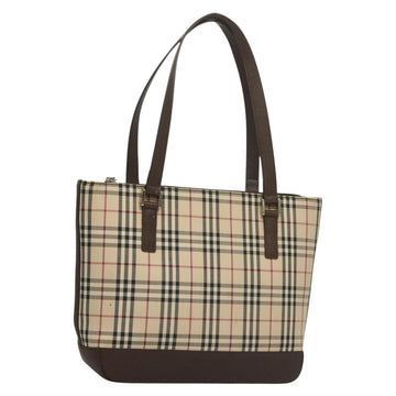 BURBERRY Nova Check Tote Bag Canvas Leather Beige Red Silver Auth 132757