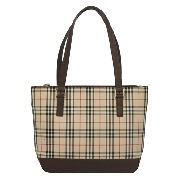 BURBERRY Nova Check Tote Bag Canvas Leather Beige Red Silver Auth 132757