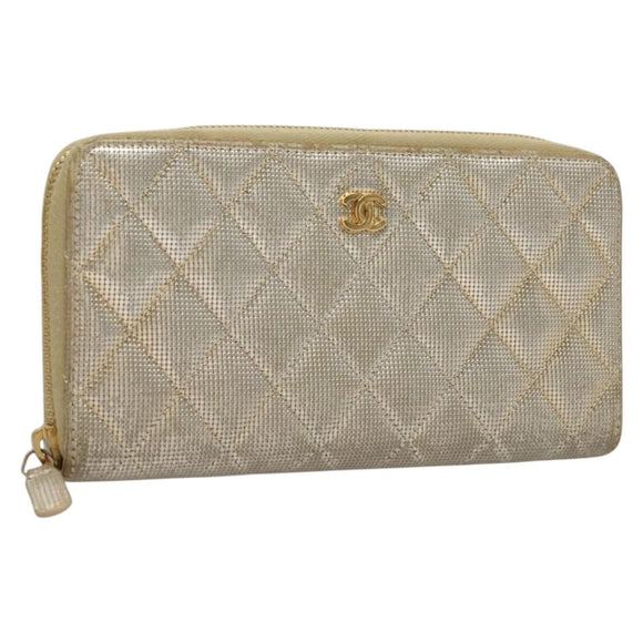 CHANEL Matelasse Long Wallet Leather Silver CC Auth 132807