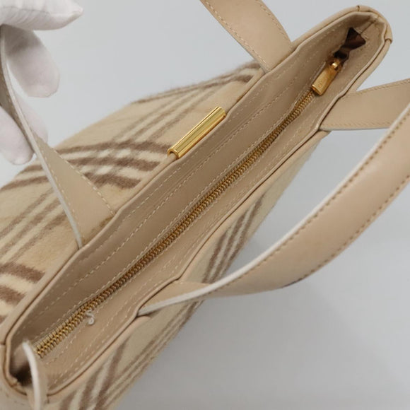 Burberrys Nova Check Hand Bag Wool Leather Beige Gold Auth 132827