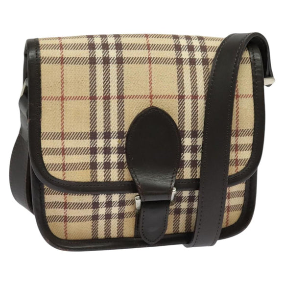 BURBERRY Nova Check Blue Label Bag Canvas Leather Beige Silver Auth 132828