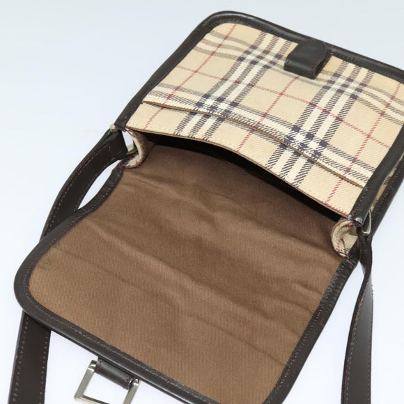 BURBERRY Nova Check Blue Label Bag Canvas Leather Beige Silver Auth 132828