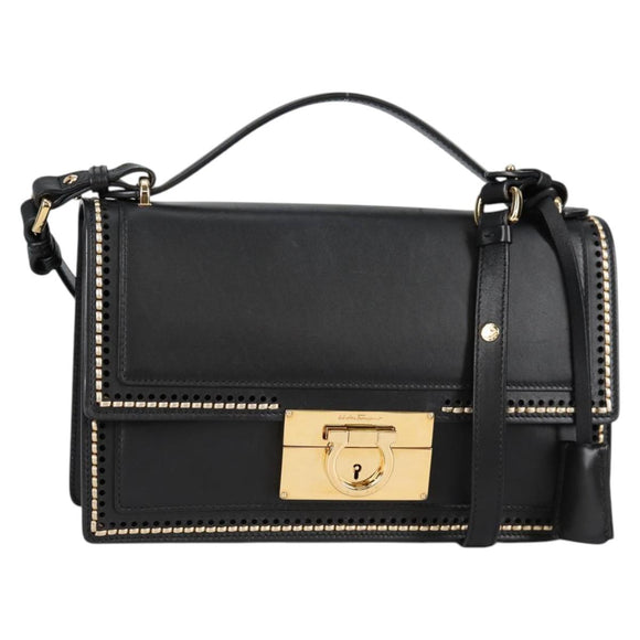 Salvatore Ferragamo Gancini Hand Bag Leather 2way Black Gold Auth 132847V
