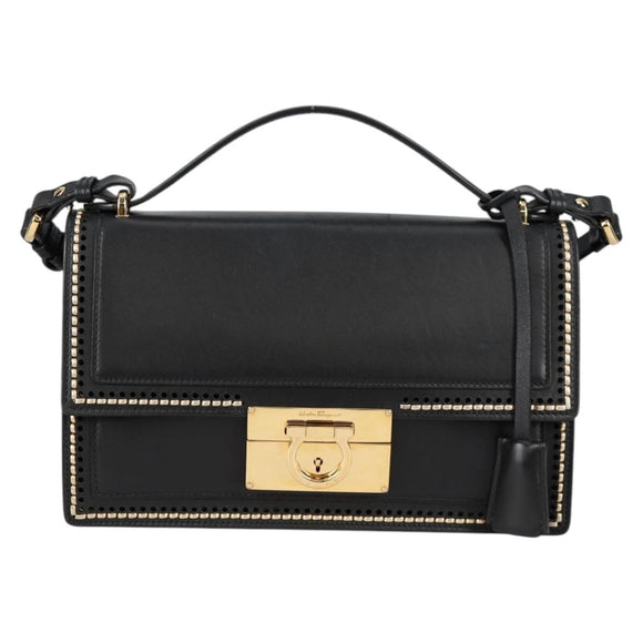 Salvatore Ferragamo Gancini Hand Bag Leather 2way Black Gold Auth 132847V