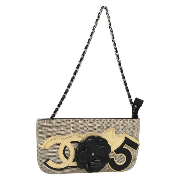 CHANEL Choco Bar Chain Camelia Shoulder Bag Canvas Gray Silver CC Auth 132885