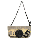 CHANEL Choco Bar Chain Camelia Shoulder Bag Canvas Gray Silver CC Auth 132885-13