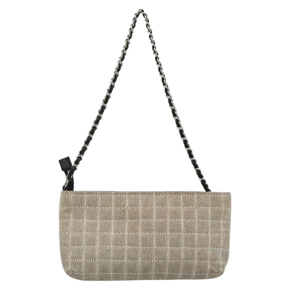CHANEL Choco Bar Chain Camelia Shoulder Bag Canvas Gray Silver CC Auth 132885