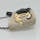 CHANEL Choco Bar Chain Camelia Shoulder Bag Canvas Gray Silver CC Auth 132885-3