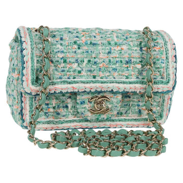CHANEL Matelasse Chain Shoulder Bag Tweed Green Silver CC Auth 132887SM