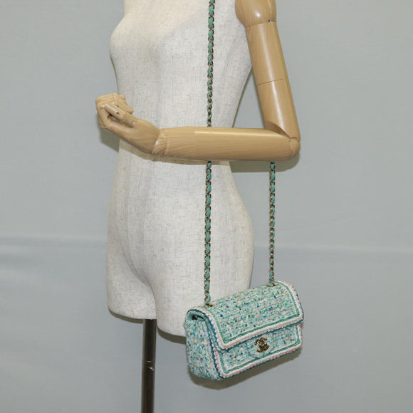 CHANEL Matelasse Chain Shoulder Bag Tweed Green Silver CC Auth 132887SM
