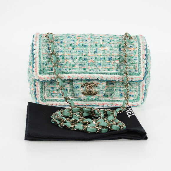 CHANEL Matelasse Chain Shoulder Bag Tweed Green Silver CC Auth 132887SM