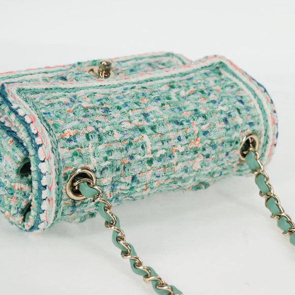 CHANEL Matelasse Chain Shoulder Bag Tweed Green Silver CC Auth 132887SM
