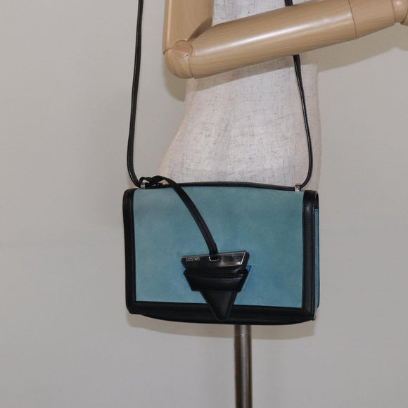LOEWE Shoulder Bag Suede Blue Silver Auth 132888