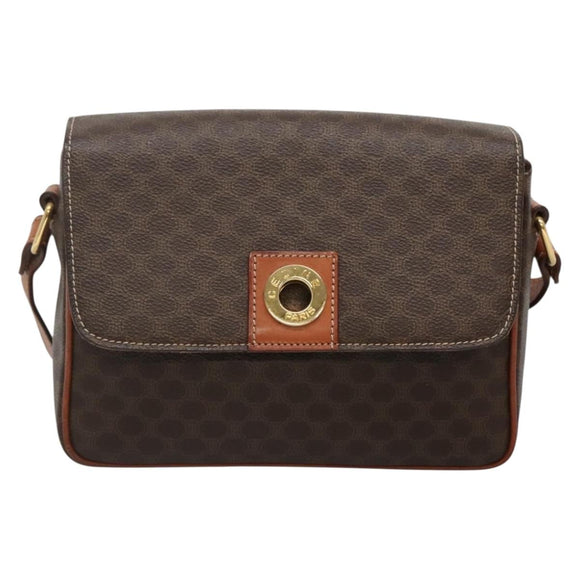 CELINE Macadam Canvas Shoulder Bag PVC Leather Brown Gold Auth 132889