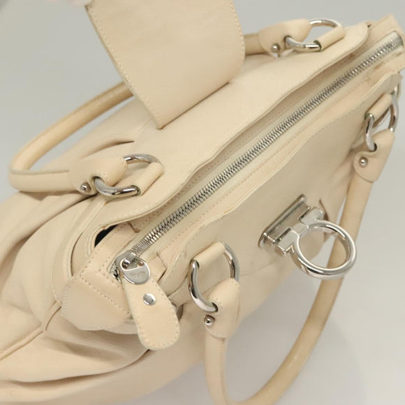 Salvatore Ferragamo Gancini Handtas Leer Ivoor Zilver Auth 132891