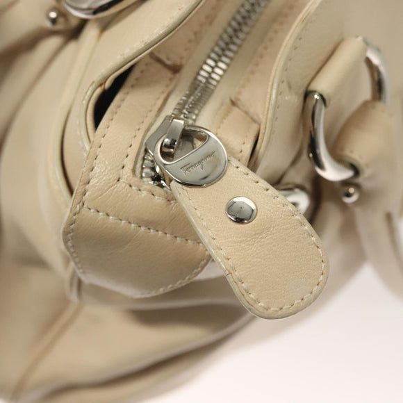 Salvatore Ferragamo Gancini Handtas Leer Ivoor Zilver Auth 132891